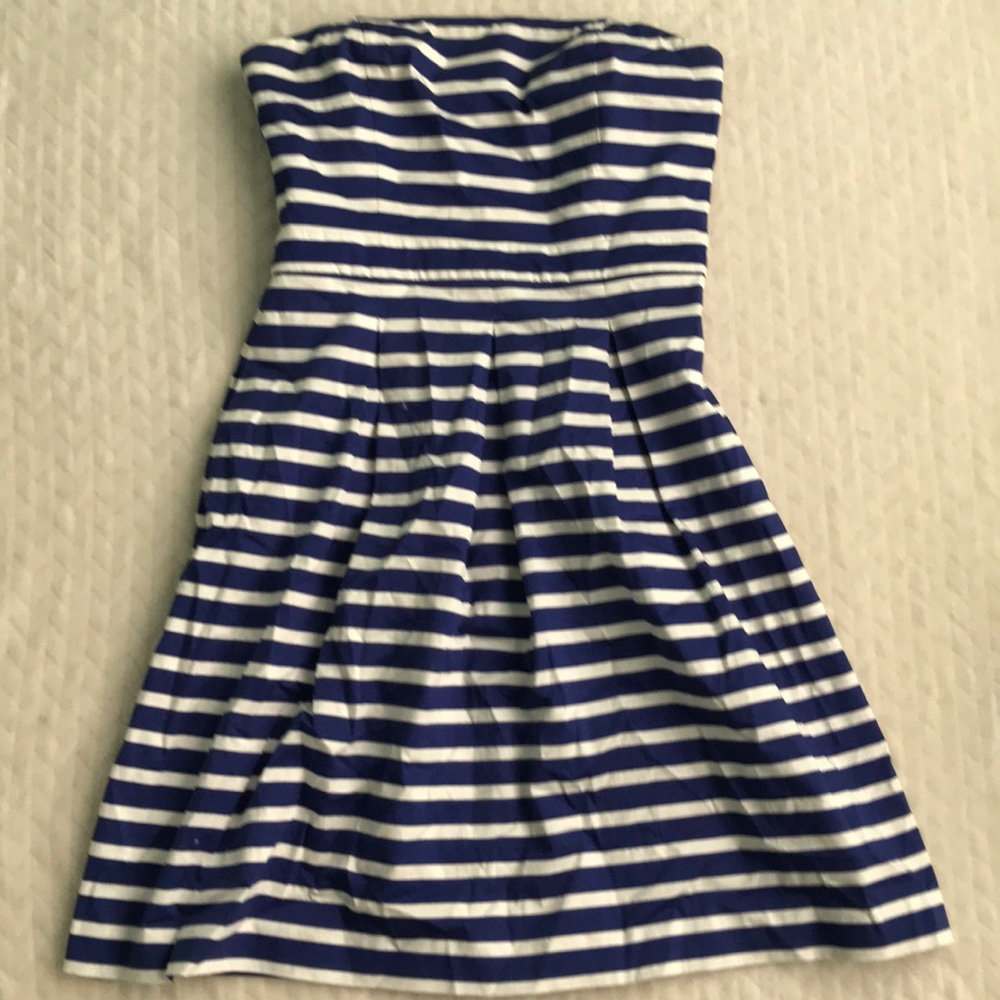 Strapless horizontally striped navy blue dress